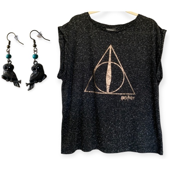 Women’s Harry Potter Dark Gray Stretch T-shirt size 18 & Owl Earrings gift - Picture 1 of 13